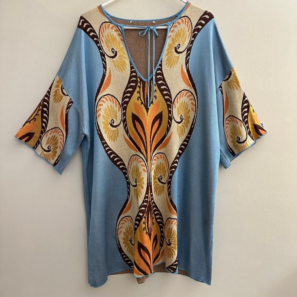 Zara Oversized Boho Jacquard Knit Tunic Mini Sweater Dress Kaftan Short Sleeve M